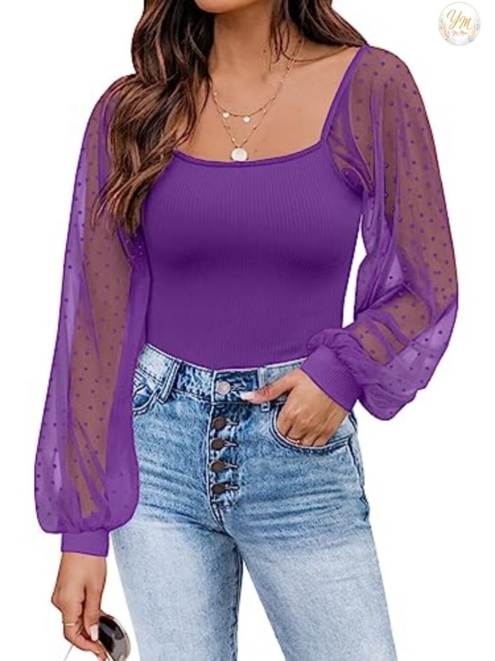 Mesh Long Sleeve Blouse Square Neck Swiss Dot Puff Sleeve Casual Top
